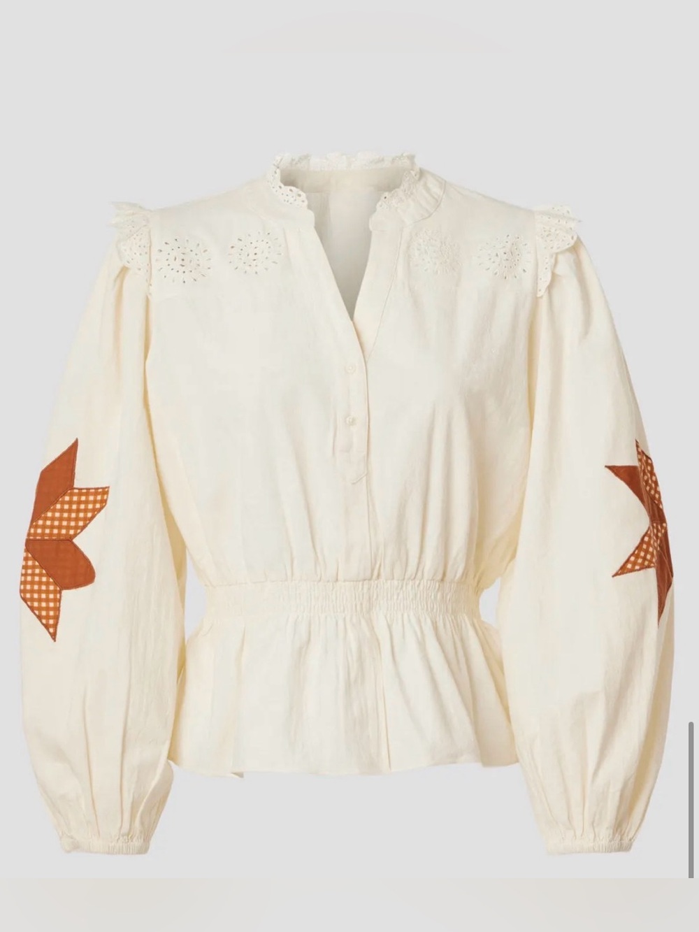 YERSE Maria Cream Eyelet Peplum Blouse with Rust Star Sleeve Detail